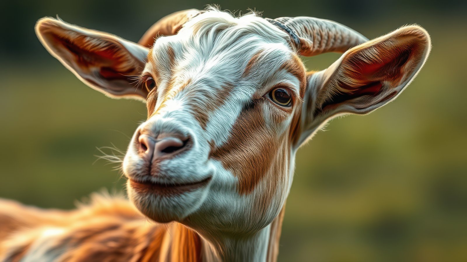 Curious goat gazes at the camera in a lush green pasture during a sunny afternoon in rural countryside